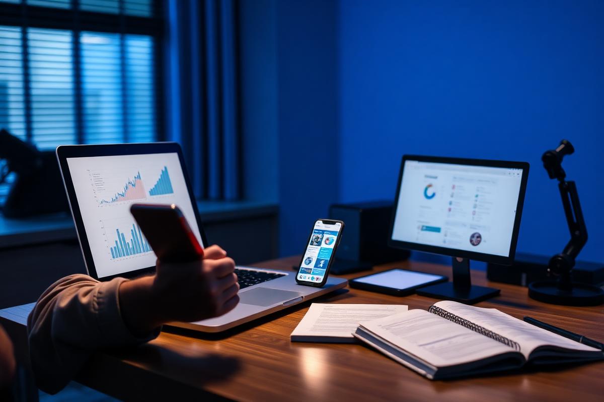 Desk setup with laptop showing business growth analytics
